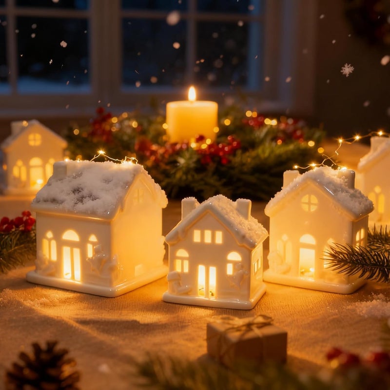 NEROSUN Ceramic Christmas Village Houses, 3Pcs LED Lighted Porcelain White Small House Tabletop Figurines, Light Up Christmas Decorations for Home Shelf Cabinet Table Winter Decor - Image 2